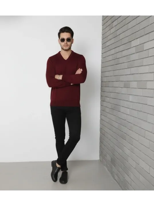 Erkek V Yaka Triko Kazak Yumuşak Dokulu Pamuklu İnce Dokuma, Uzun Kollu Rahat Regular Kalıp - Bordo