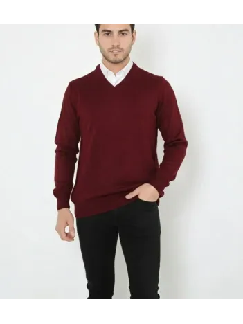 Erkek V Yaka Triko Kazak Yumuşak Dokulu Pamuklu İnce Dokuma, Uzun Kollu Rahat Regular Kalıp - Bordo