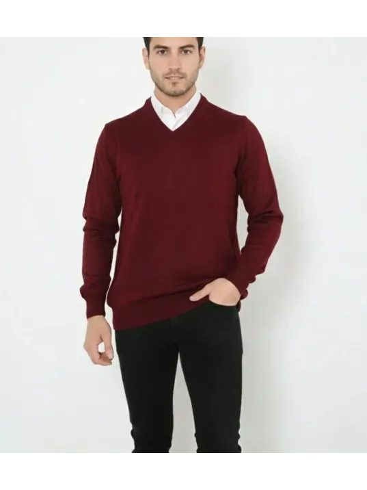 Erkek V Yaka Triko Kazak Yumuşak Dokulu Pamuklu İnce Dokuma, Uzun Kollu Rahat Regular Kalıp - Bordo