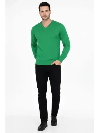 Erkek V Yaka Triko Kazak Yumuşak Dokulu Pamuklu İnce Dokuma, Uzun Kollu Rahat Regular Kalıp - Çimen Yeşili