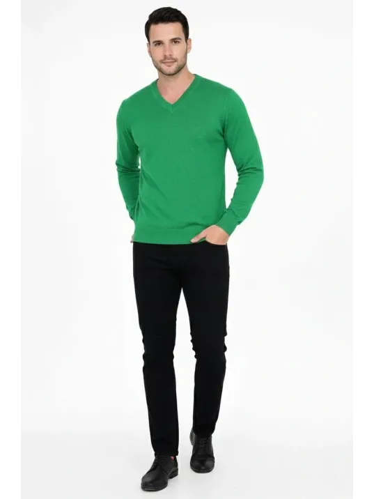 Erkek V Yaka Triko Kazak Yumuşak Dokulu Pamuklu İnce Dokuma, Uzun Kollu Rahat Regular Kalıp - Çimen Yeşili