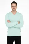 Erkek V Yaka Triko Kazak Yumuşak Dokulu Pamuklu İnce Dokuma, Uzun Kollu Rahat Regular Kalıp - Mint Yeşili