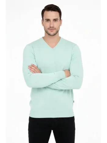 Erkek V Yaka Triko Kazak Yumuşak Dokulu Pamuklu İnce Dokuma, Uzun Kollu Rahat Regular Kalıp - Mint Yeşili