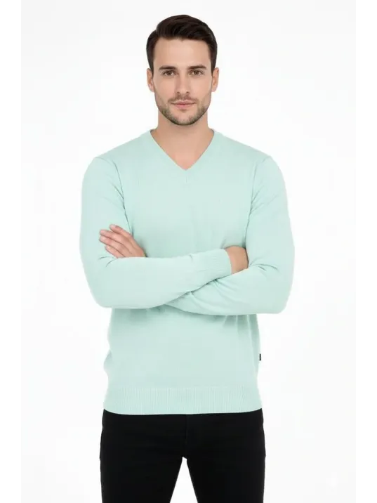 Erkek V Yaka Triko Kazak Yumuşak Dokulu Pamuklu İnce Dokuma, Uzun Kollu Rahat Regular Kalıp - Mint Yeşili