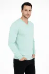 Erkek V Yaka Triko Kazak Yumuşak Dokulu Pamuklu İnce Dokuma, Uzun Kollu Rahat Regular Kalıp - Mint Yeşili