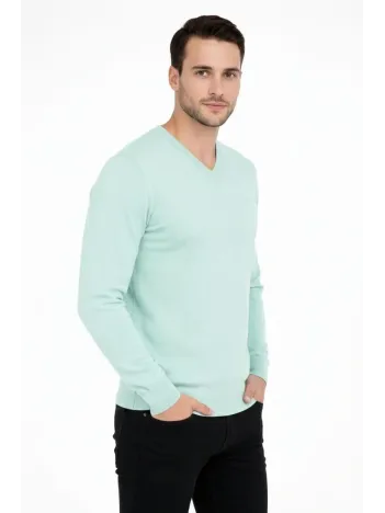 Erkek V Yaka Triko Kazak Yumuşak Dokulu Pamuklu İnce Dokuma, Uzun Kollu Rahat Regular Kalıp - Mint Yeşili