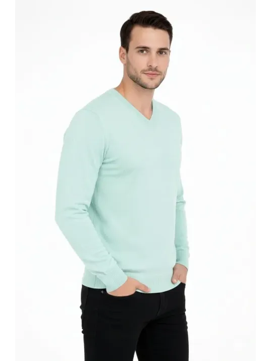 Erkek V Yaka Triko Kazak Yumuşak Dokulu Pamuklu İnce Dokuma, Uzun Kollu Rahat Regular Kalıp - Mint Yeşili