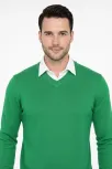 Erkek V Yaka Triko Kazak Yumuşak Dokulu Pamuklu İnce Dokuma, Uzun Kollu Rahat Regular Kalıp - Çimen Yeşili