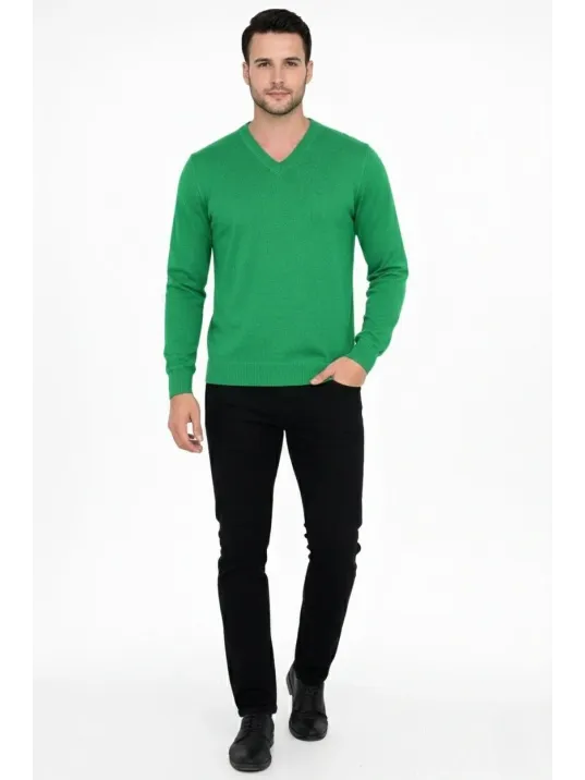 Erkek V Yaka Triko Kazak Yumuşak Dokulu Pamuklu İnce Dokuma, Uzun Kollu Rahat Regular Kalıp - Çimen Yeşili