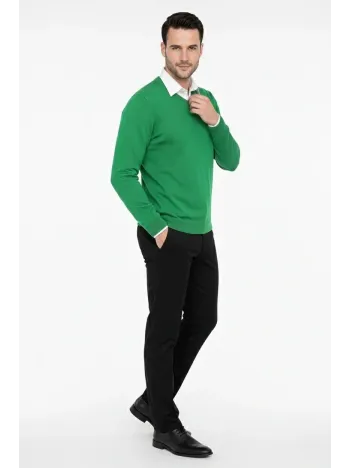 Erkek V Yaka Triko Kazak Yumuşak Dokulu Pamuklu İnce Dokuma, Uzun Kollu Rahat Regular Kalıp - Çimen Yeşili