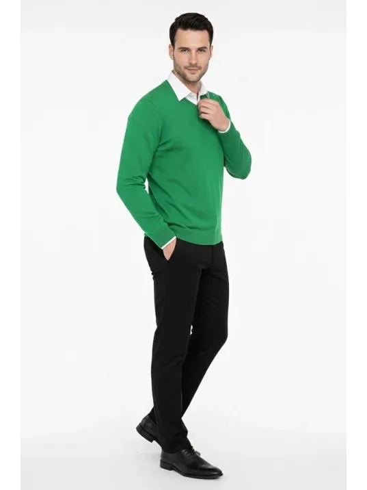 Erkek V Yaka Triko Kazak Yumuşak Dokulu Pamuklu İnce Dokuma, Uzun Kollu Rahat Regular Kalıp - Çimen Yeşili