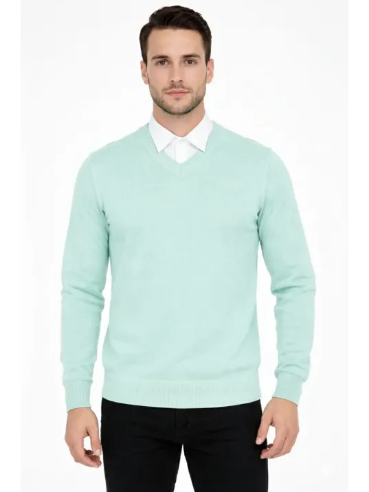 Erkek V Yaka Triko Kazak Yumuşak Dokulu Pamuklu İnce Dokuma, Uzun Kollu Rahat Regular Kalıp - Mint Yeşili