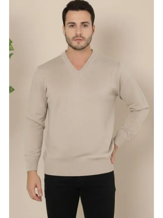 Erkek V Yaka Triko Kazak Yumuşak Dokulu Pamuklu İnce Dokuma, Uzun Kollu Rahat Regular Kalıp - Bej