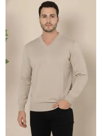 Erkek V Yaka Triko Kazak Yumuşak Dokulu Pamuklu İnce Dokuma, Uzun Kollu Rahat Regular Kalıp - Bej