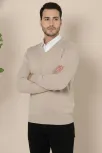Erkek V Yaka Triko Kazak Yumuşak Dokulu Pamuklu İnce Dokuma, Uzun Kollu Rahat Regular Kalıp - Bej
