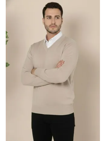 Erkek V Yaka Triko Kazak Yumuşak Dokulu Pamuklu İnce Dokuma, Uzun Kollu Rahat Regular Kalıp - Bej