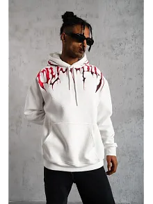 Erkek Ön Ve Arka Baskılı Kapüşonlu 3 İplik Sweatshirt - Beyaz
