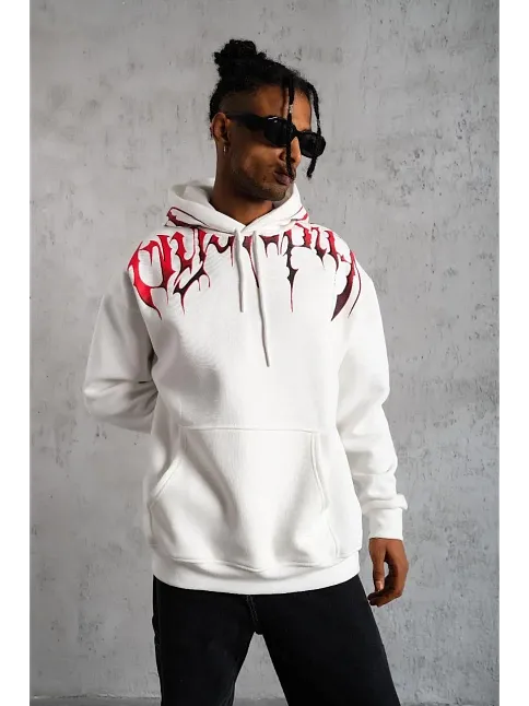 Erkek Ön Ve Arka Baskılı Kapüşonlu 3 İplik Sweatshirt - Beyaz