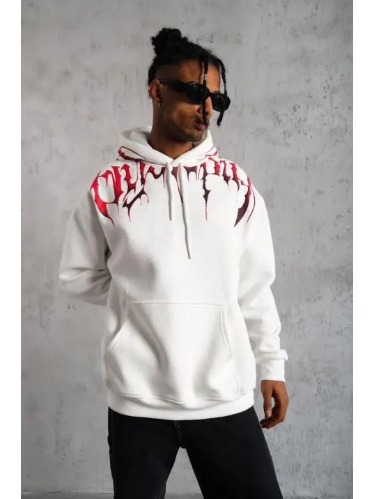 Erkek Ön Ve Arka Baskılı Kapüşonlu 3 İplik Sweatshirt - Beyaz