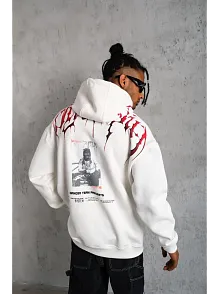 Erkek Ön Ve Arka Baskılı Kapüşonlu 3 İplik Sweatshirt - Beyaz