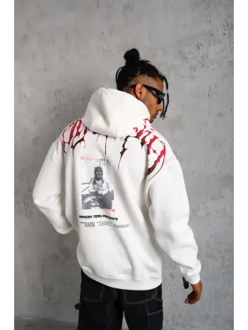 Erkek Ön Ve Arka Baskılı Kapüşonlu 3 İplik Sweatshirt - Beyaz