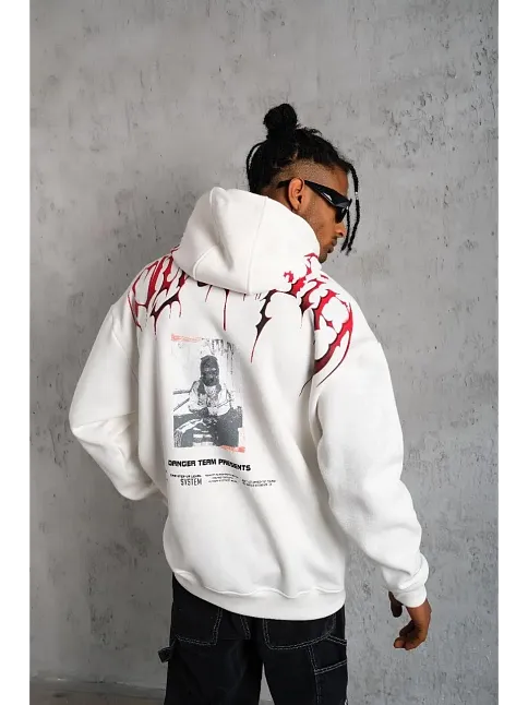 Erkek Ön Ve Arka Baskılı Kapüşonlu 3 İplik Sweatshirt - Beyaz