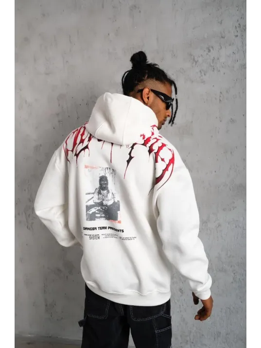 Erkek Ön Ve Arka Baskılı Kapüşonlu 3 İplik Sweatshirt - Beyaz