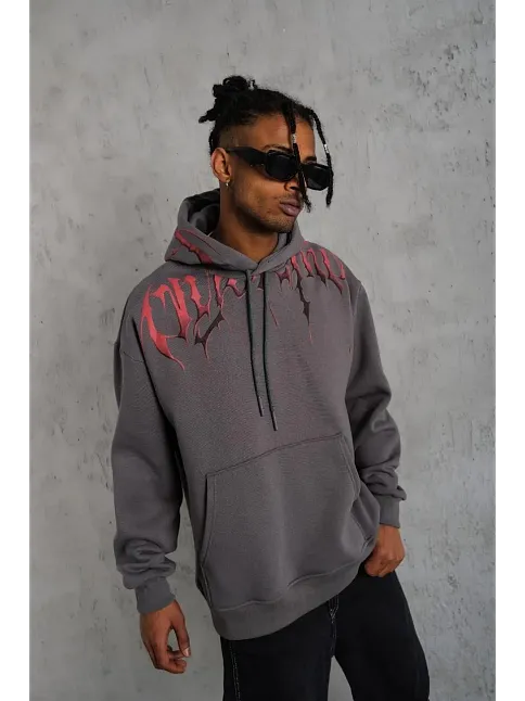 Erkek Ön Ve Arka Baskılı Kapüşonlu 3 İplik Sweatshirt - Füme