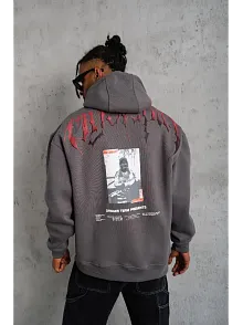 Erkek Ön Ve Arka Baskılı Kapüşonlu 3 İplik Sweatshirt - Füme