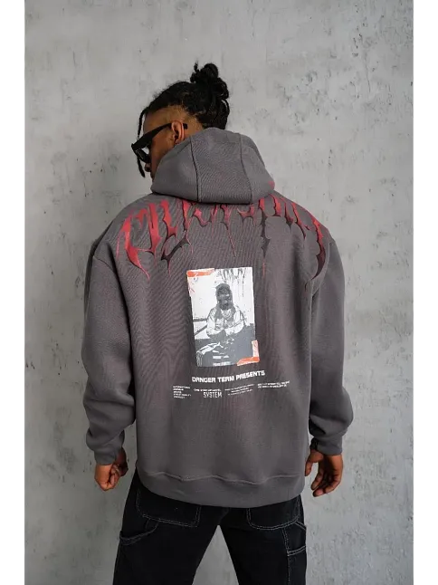 Erkek Ön Ve Arka Baskılı Kapüşonlu 3 İplik Sweatshirt - Füme