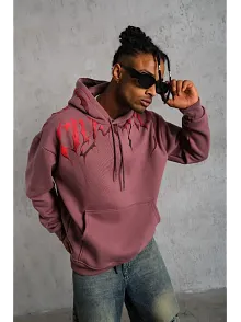 Erkek Ön Ve Arka Baskılı Kapüşonlu 3 İplik Sweatshirt - Gül Kurusu