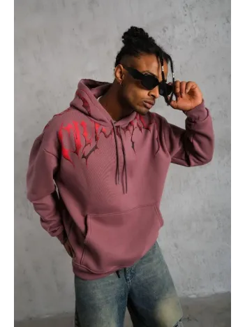 Erkek Ön Ve Arka Baskılı Kapüşonlu 3 İplik Sweatshirt - Gül Kurusu