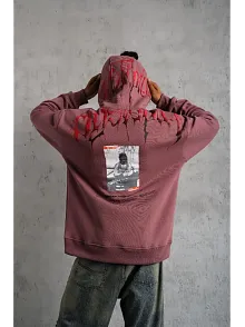 Erkek Ön Ve Arka Baskılı Kapüşonlu 3 İplik Sweatshirt - Gül Kurusu