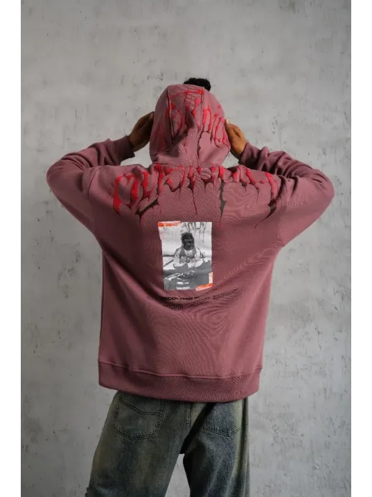 Erkek Ön Ve Arka Baskılı Kapüşonlu 3 İplik Sweatshirt - Gül Kurusu