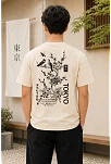 Erkek Ön Ve Arka Tokyo Kuş Çiçek Baskılı Oversize T-shirt - Ekru