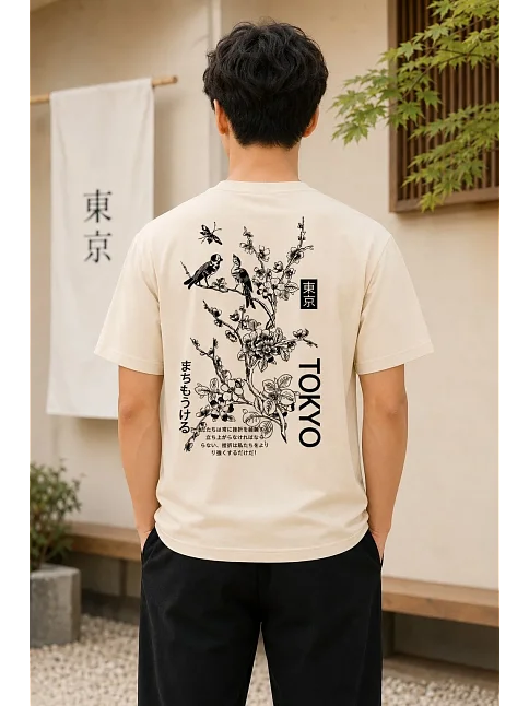 Erkek Ön Ve Arka Tokyo Kuş Çiçek Baskılı Oversize T-shirt - Ekru