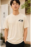 Erkek Ön Ve Arka Tokyo Kuş Çiçek Baskılı Oversize T-shirt - Ekru