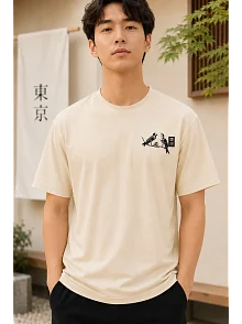 Erkek Ön Ve Arka Tokyo Kuş Çiçek Baskılı Oversize T-shirt - Ekru Erkek Ön Ve Arka Tokyo Kuş Çiçek Baskılı Oversize T-shirt - Ekru