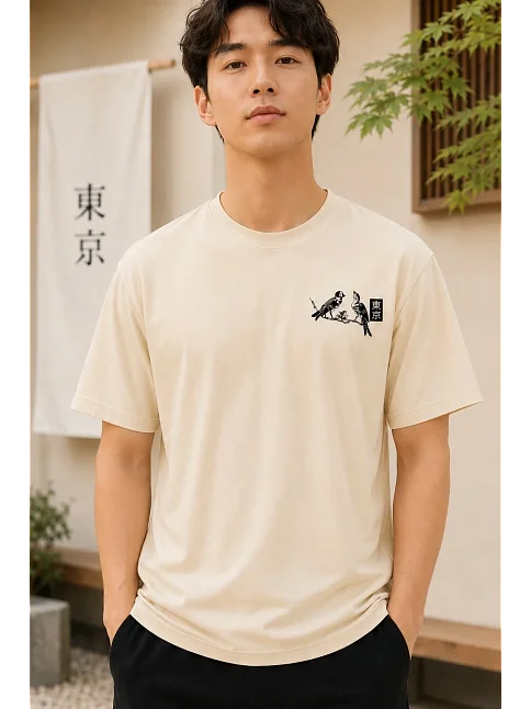 Erkek Ön Ve Arka Tokyo Kuş Çiçek Baskılı Oversize T-shirt - Ekru