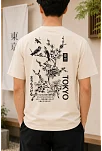 Erkek Ön Ve Arka Tokyo Kuş Çiçek Baskılı Oversize T-shirt - Ekru