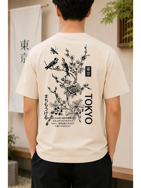 Erkek Ön Ve Arka Tokyo Kuş Çiçek Baskılı Oversize T-shirt - Ekru