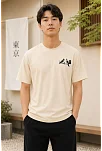 Erkek Ön Ve Arka Tokyo Kuş Çiçek Baskılı Oversize T-shirt - Ekru