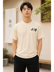 Erkek Ön Ve Arka Tokyo Kuş Çiçek Baskılı Oversize T-shirt - Ekru