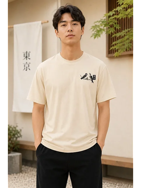 Erkek Ön Ve Arka Tokyo Kuş Çiçek Baskılı Oversize T-shirt - Ekru