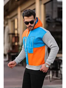 Erkek W Nakış İşlemeli Kapüşonlu Sweatshirt - Mavi