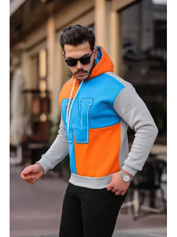 Erkek W Nakış İşlemeli Kapüşonlu Sweatshirt - Mavi