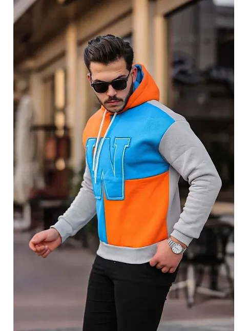 Erkek W Nakış İşlemeli Kapüşonlu Sweatshirt - Mavi