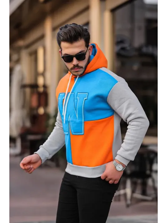 Erkek W Nakış İşlemeli Kapüşonlu Sweatshirt - Mavi