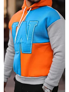 Erkek W Nakış İşlemeli Kapüşonlu Sweatshirt - Mavi