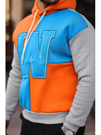 Erkek W Nakış İşlemeli Kapüşonlu Sweatshirt - Mavi